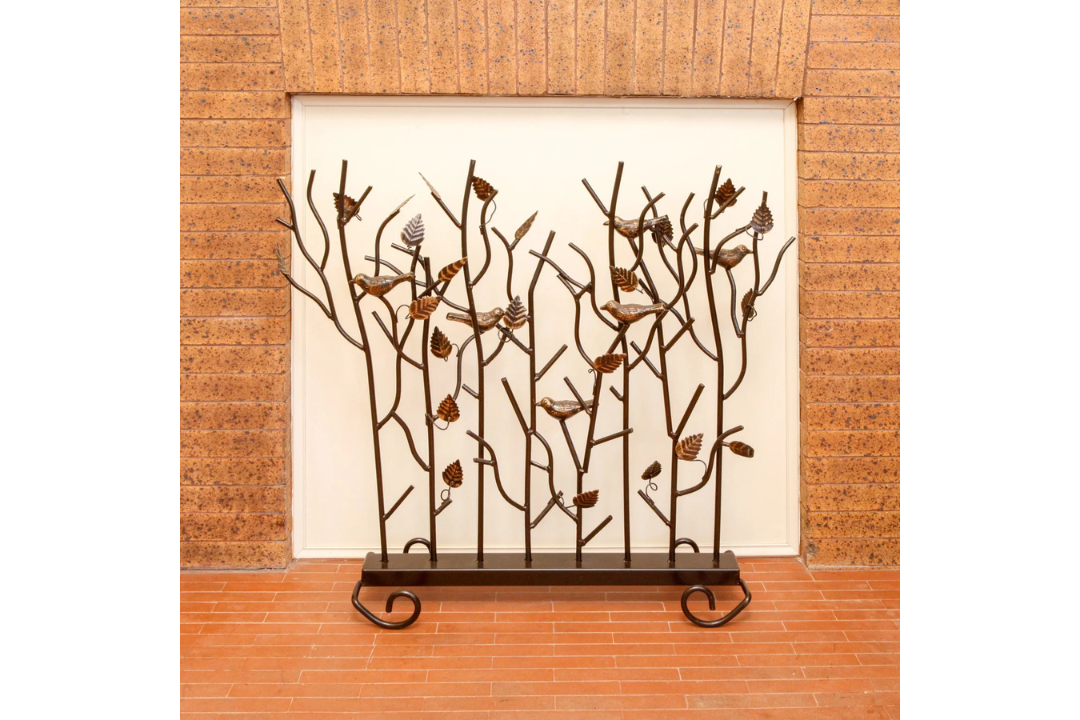 Birds Fireplace Summer Screen – Wrought Iron with Golden Bird Accents