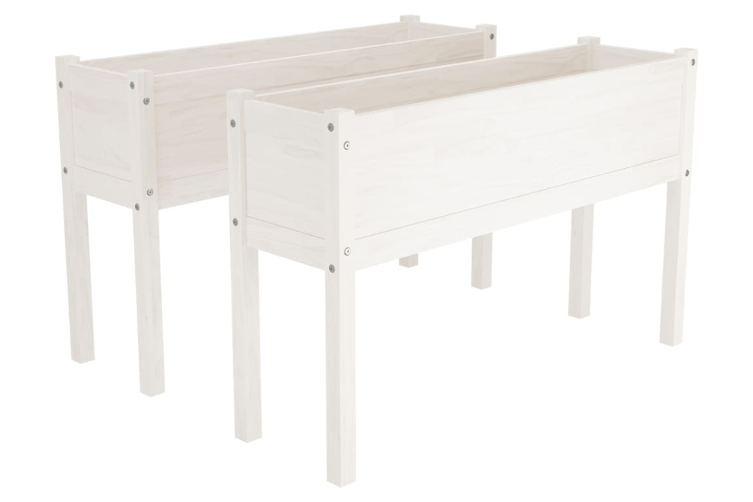 Garden Planters 2 pcs White Solid Wood Pine With Two White Flower Beds