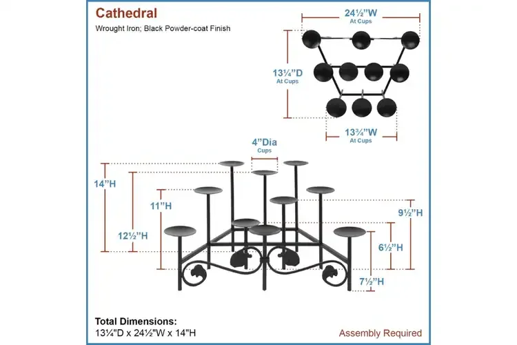 Cathedral Candelabra – 9 Blue Glass Votive Cups Specifications