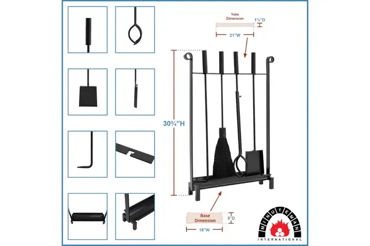 Bedford Inline Wrought Iron Fireplace Tool Set with Ash Pan – Black Finish Specifications