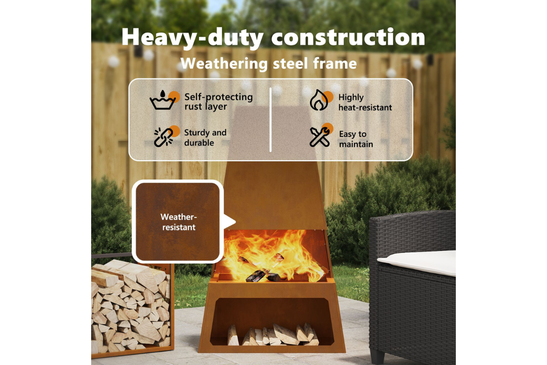 Heavy-Duty Fire Pit with Log Storage 60 x 35 x 100 cm in Rusty Brown Weathering Steel