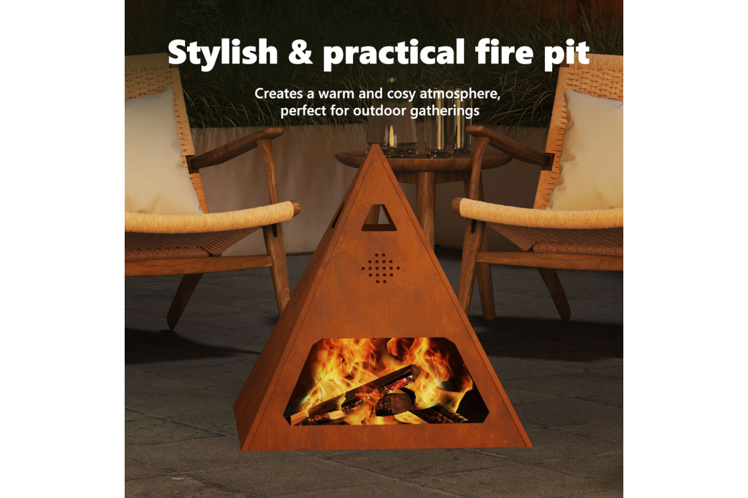 Stylish and Practical Fire Pit Pyramid 50 x 50 x 51 cm in Rusty Brown Weathering Steel