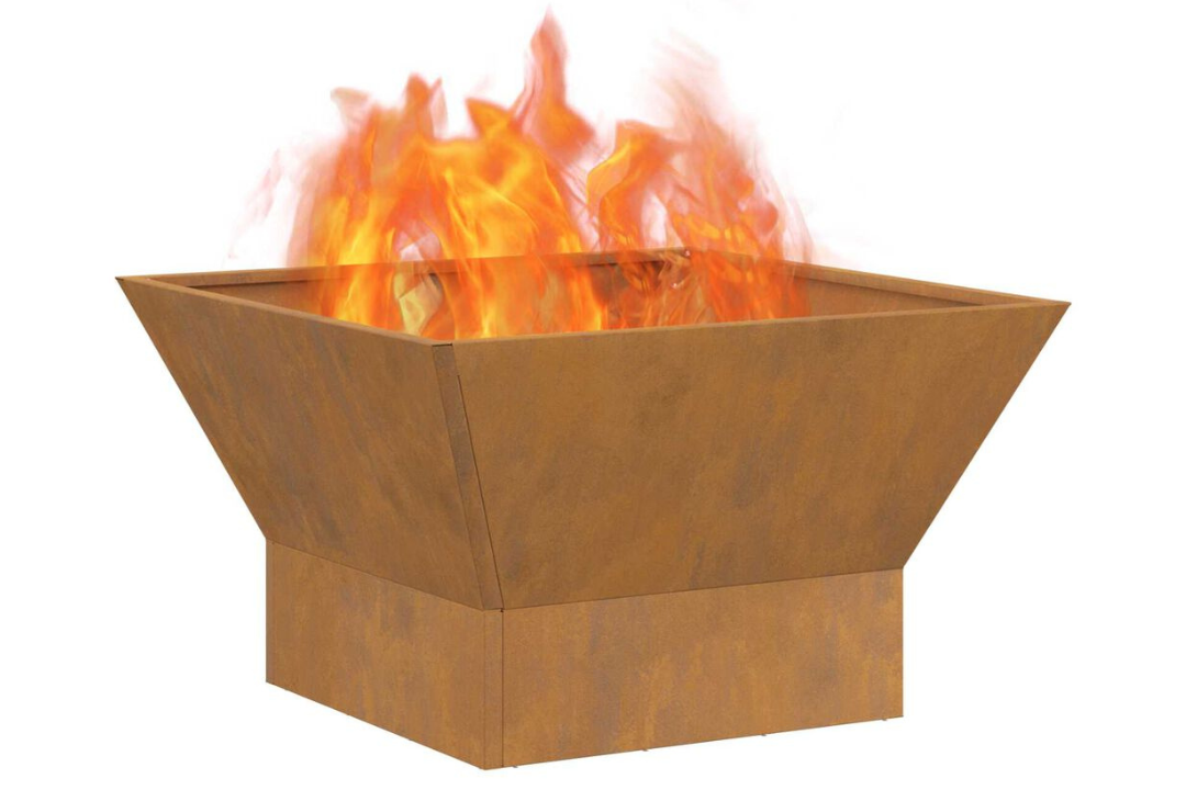Fire Pit Square 60 x 60 x 35 cm in Rusty Brown Weathering Steel with Rich Patina