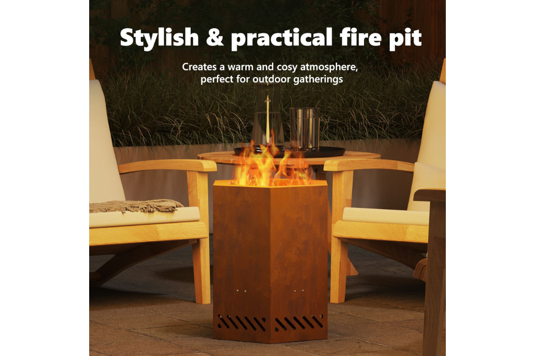 Stylish and Practical Smokeless Fire Pit Hexagonal 38 x 38 x 51 cm in Rusty Brown Weathering Steel