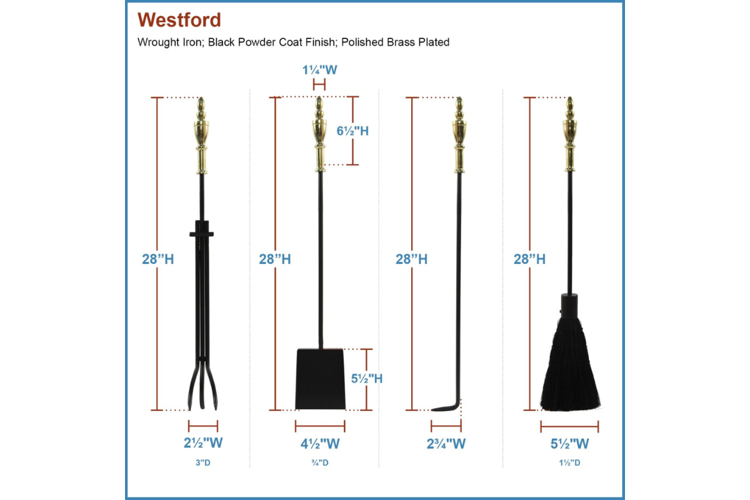 Westford Fireplace Tool Set in Black & Polished Brass Tool Set Details