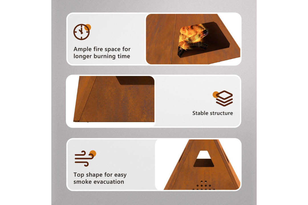 Fire Pit Pyramid 50 x 50 x 51 cm in Rusty Brown Weathering Steel Features