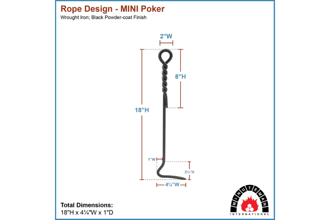 Rope Handle Mini Poker Fireplace Tools – Wrought Iron, Black Finish Specifications