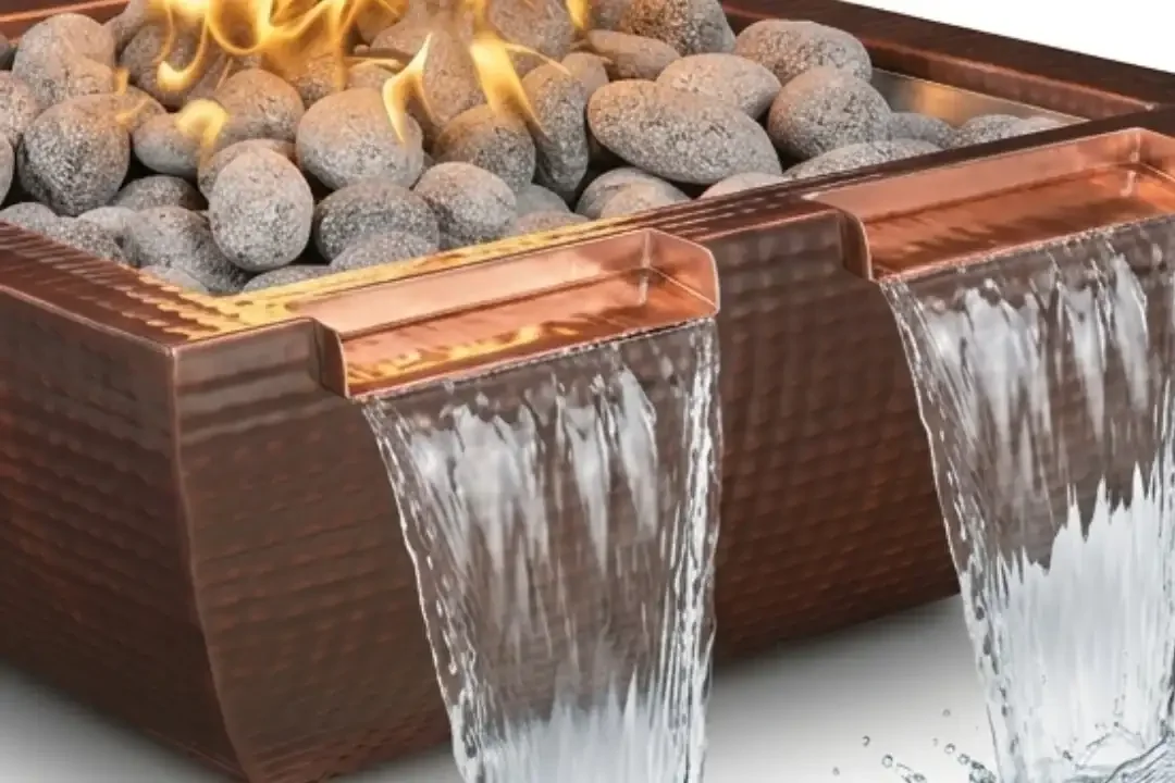 30" Avalon Fire & Water Bowl – Twin Spill - Hammered Patina Copper