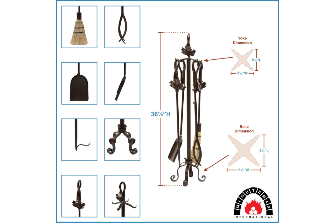 Maple Leaf Fireplace Tool Set – 35” Wrought Iron Tools with Decorative Stand in Roman Bronze Specifications