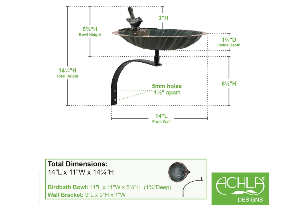 Scallop Shell Birdbath & Wall Mount Bracket Specifications