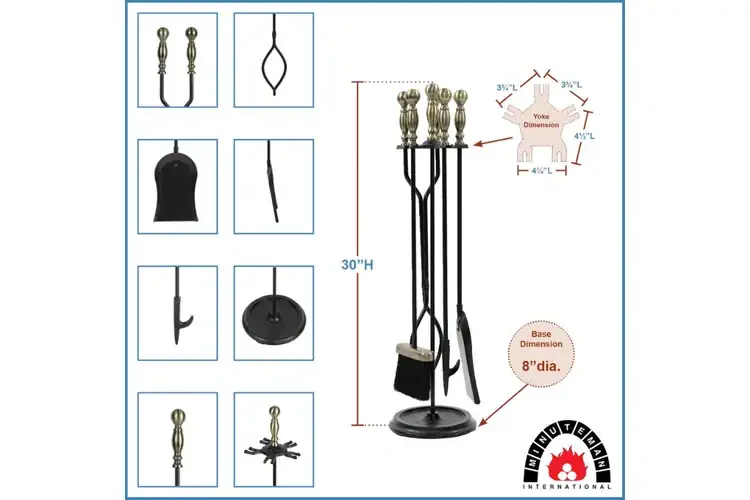 Sutton Fireplace Tool Set in Antique Brass and Black Powder Coated Finish Specifications
