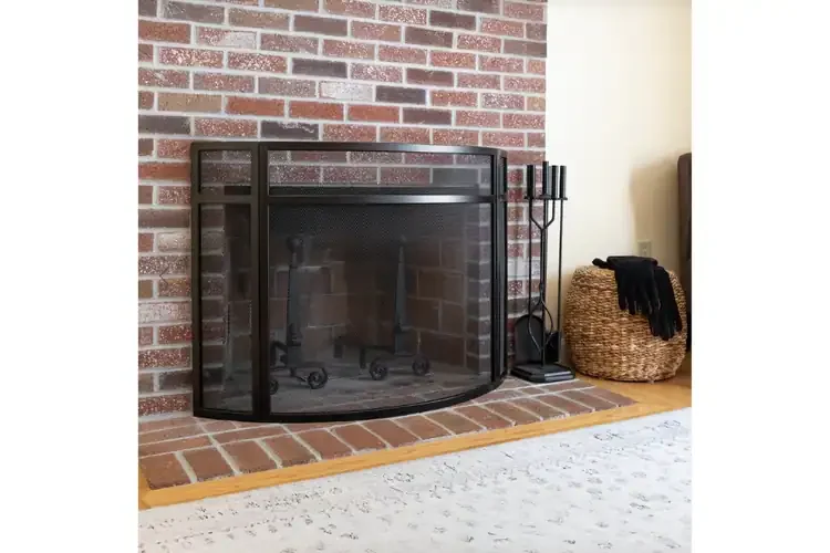 Panelled Curved Fireplace Screen – Black Wrought Iron, 3-Panel Design