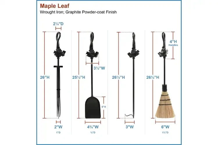 Maple Leaf Fireplace Tool Set – 35” Wrought Iron Tools with Decorative Stand in Graphite Specifications