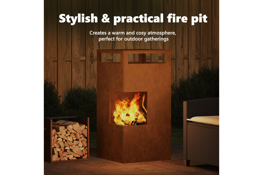 Stylish and Practical Fire Pit 50 x 50 x 100 cm Steel in Rusty Brown Weathering Steel