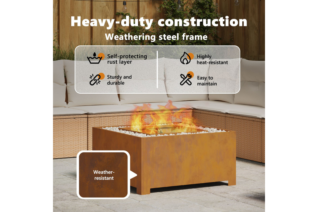 Heavy-Duty Fire Pit Square 80 x 80 x 40 cm in Rusty Brown Weathering Steel