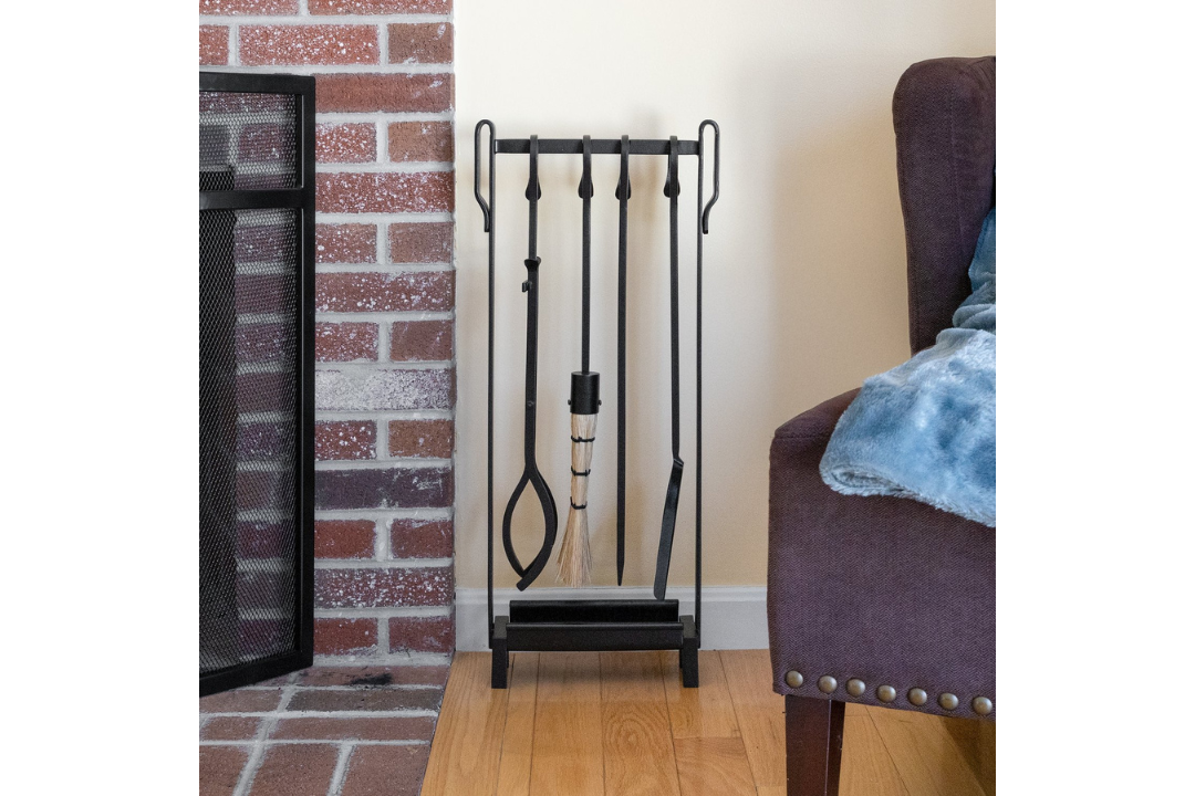 Shepherd's Hook Inline Fireplace Tool Set – Wrought Iron with Ash Pan Space-Saver
