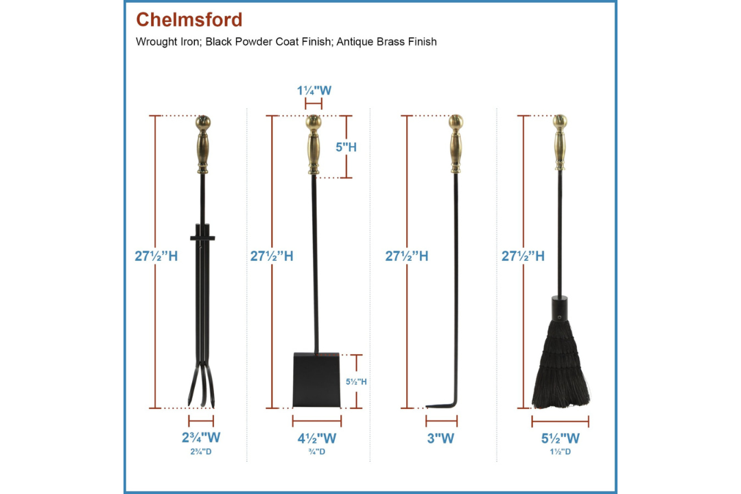 Chelmsford Fireplace Tool Set in Black & Antique Brass Tools Set Details
