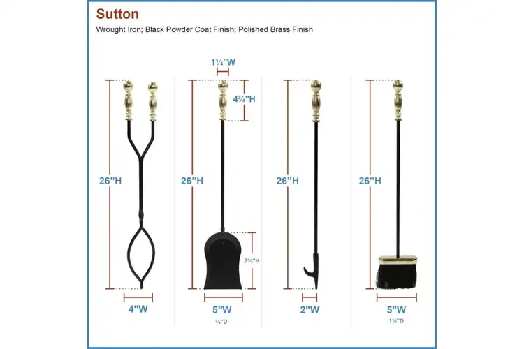 Sutton Fireplace Tool Set in Polished Brass and Black Powder Coated Finish Detailed Information