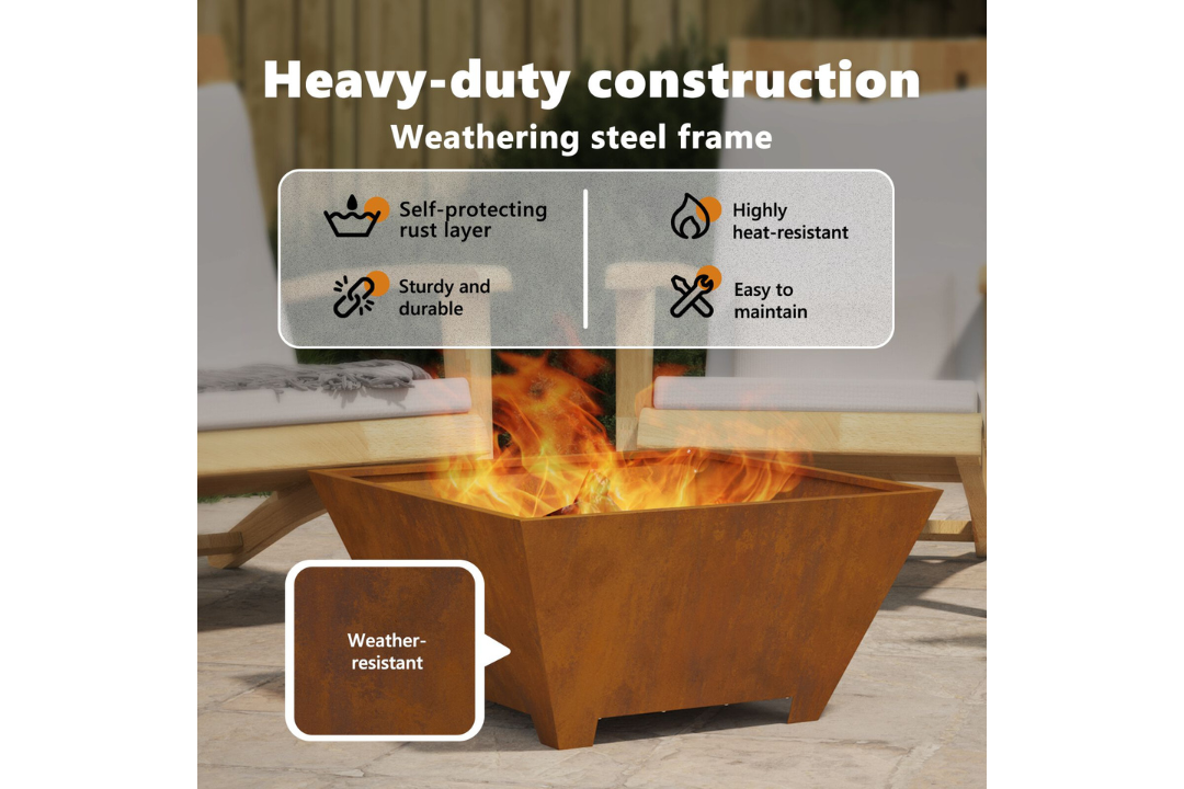 Heavy-Duty Fire Pit Square 60 x 60 x 30 cm in Rusty Brown Weathering Steel