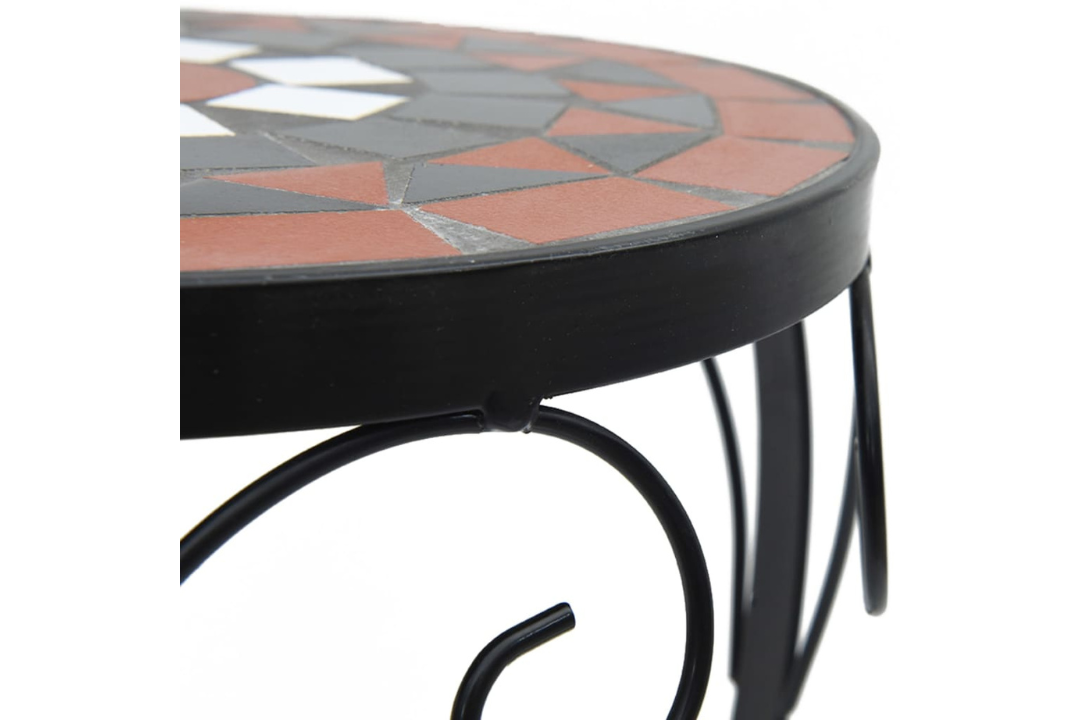 Side View of Sturdy Iron Frame Supporting Ceramic Mosaic Plant Stand, Highlighting Durable Design in Terracotta and White