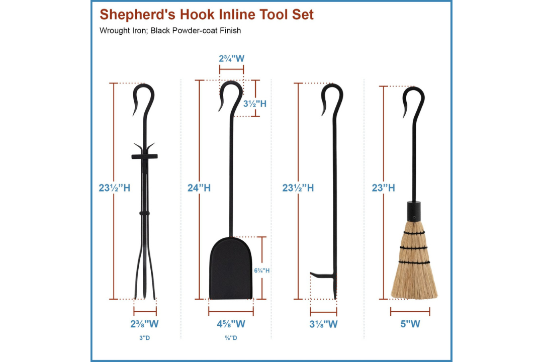 Shepherd's Hook Inline Fireplace Tool Set – Wrought Iron Tool Parts Details