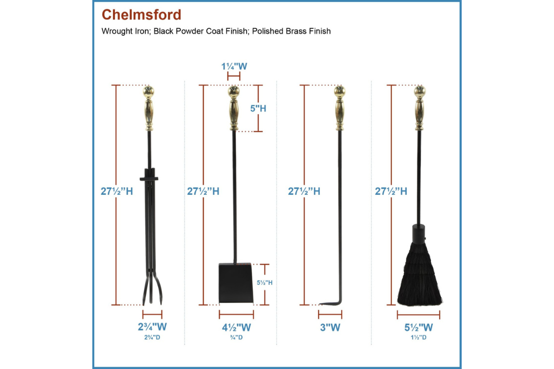 Chelmsford Fireplace Tool Set in Black & Polished Brass Tools Set Details