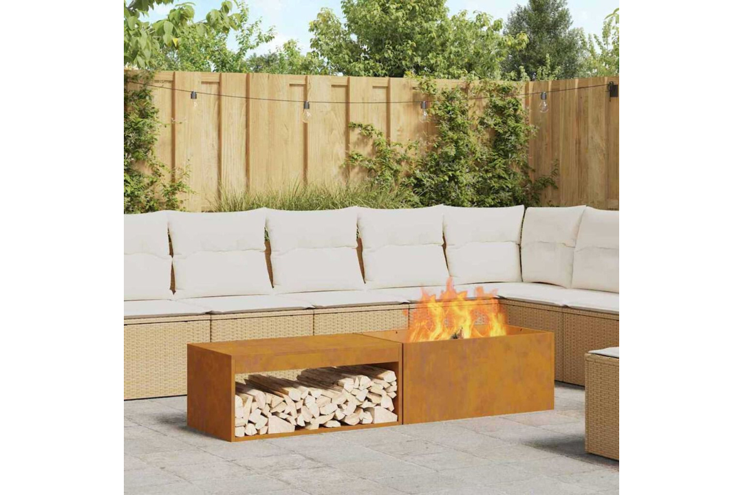 Fire Pit with Log Storage 160 x 45 x 35 cm in Rusty Brown Weathering Steel