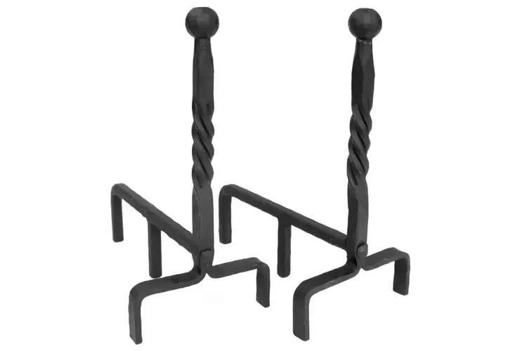 Ball End Andirons – Wrought Iron Fireplace Log Holders with Classic Rope Design in Black Powder Coated Finish