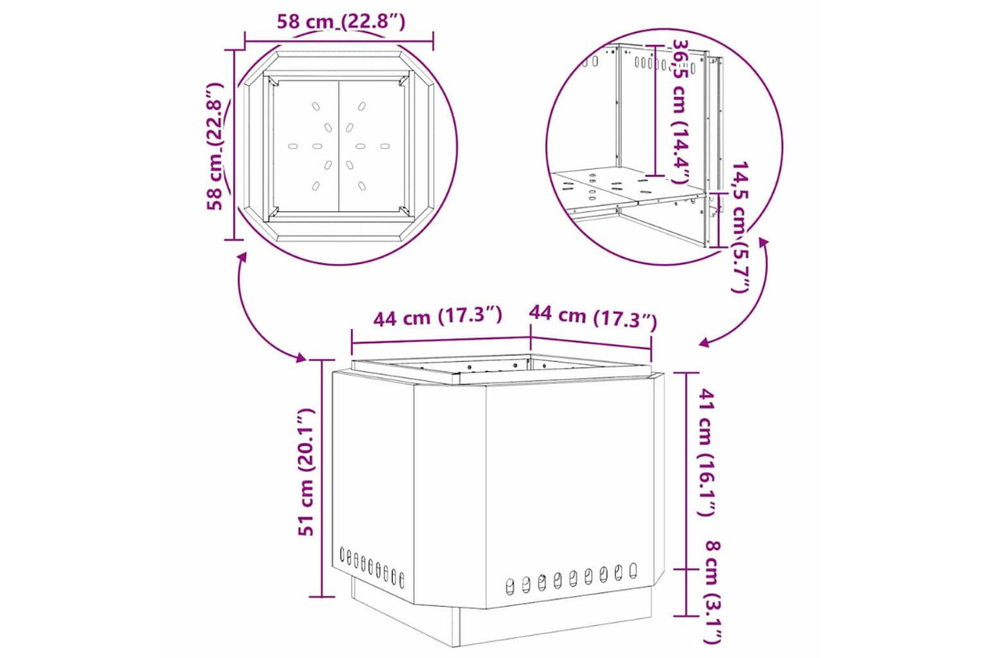 Smokeless Fire Pit 58 x 58 x 51 cm in Black Cold-Rolled Steel Specifications