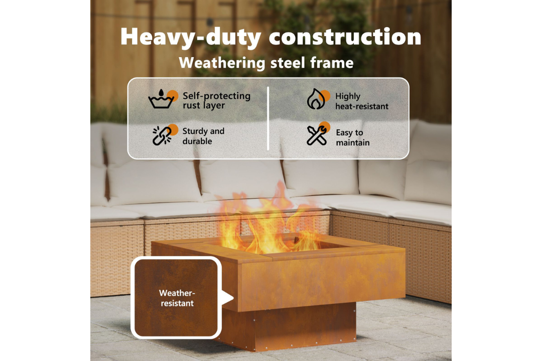 Heavy-Duty Square Fire Pit 80 x 80 x 40 cm in Rusty Brown Weathering Steel
