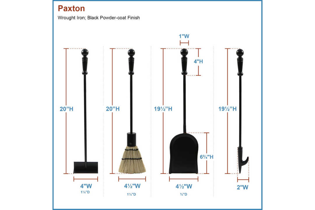 Paxton 4-Piece Mini Fireplace Tool Set in All Black – Cast Iron with Decorative Handles Tool Set Details