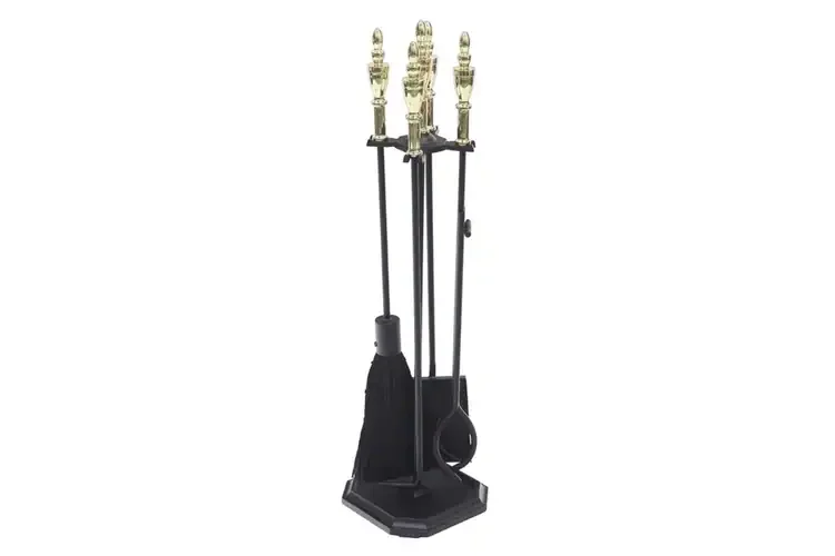 Westford Fireplace Tool Set in Black & Polished Brass Made of Wrought Iron and Cast Iron