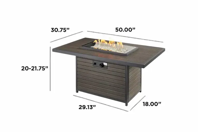 Kenwood and Brooks Taupe Rectangular Chat Height Gas Fire Pit Table Dimension