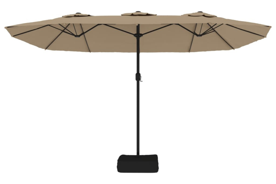 Double-Head Garden Parasol with LEDs 449x265 cm in Taupe with Powder-Coated Iron Pole