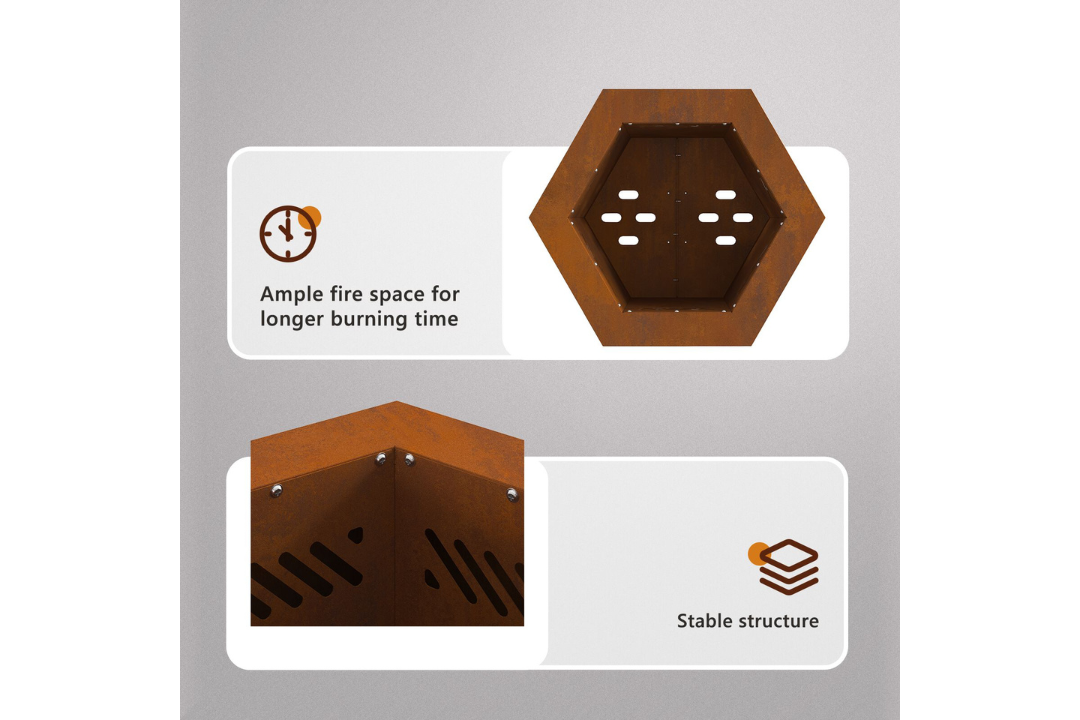 Smokeless Fire Pit Hexagonal 38 x 38 x 51 cm in Rusty Brown Weathering Steel Features