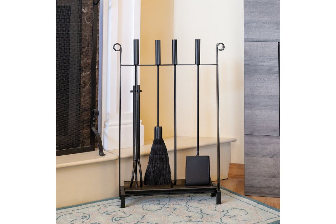 Bedford Inline Wrought Iron Fireplace Tool Set with Ash Pan – Black Finish