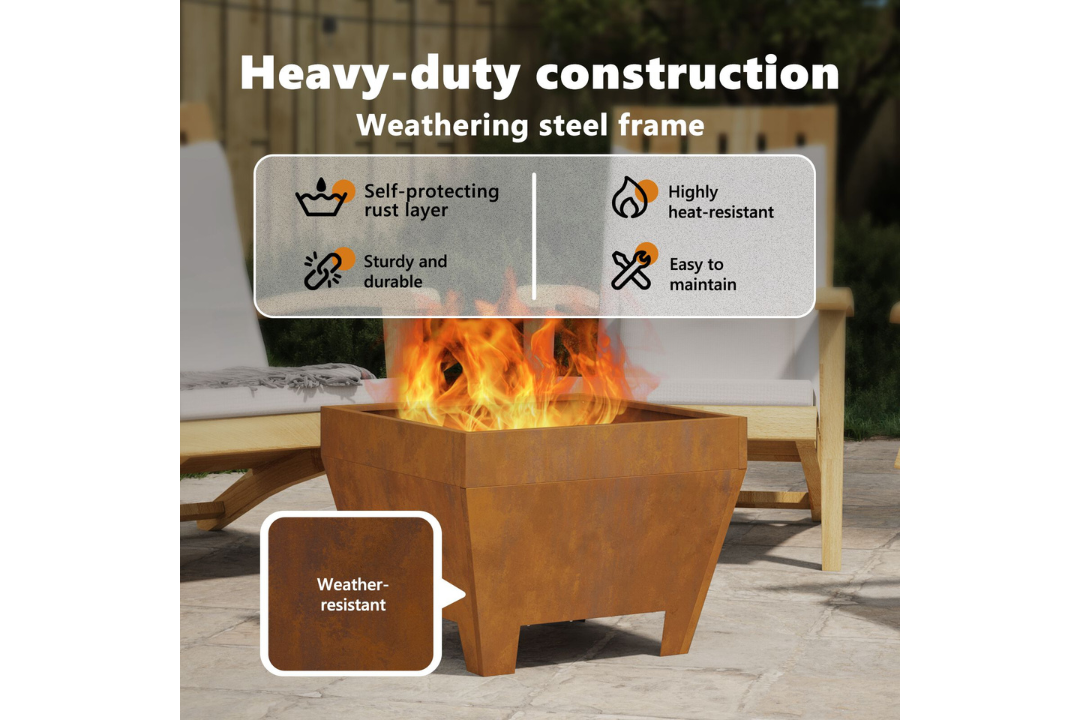 Heavy-Duty Square Fire Pit 50 x 50 x 38 cm in Rusty Brown Weathering Steel