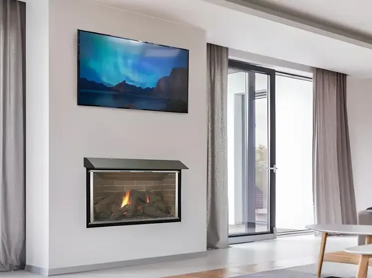 4-1/2" Deep Fireplace Hood in Flat Black Powder Coat Finish Room Setting