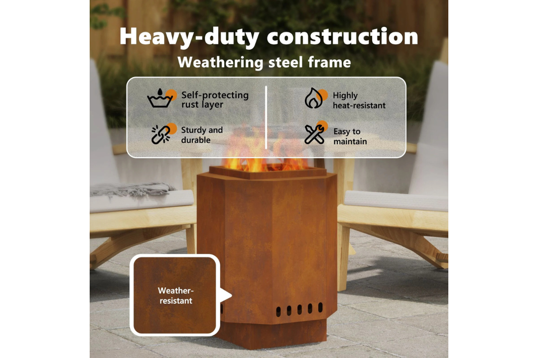 Heavy-Duty Smokeless Fire Pit 38 x 38 x 51 cm Weathering Steel in Rusty Brown