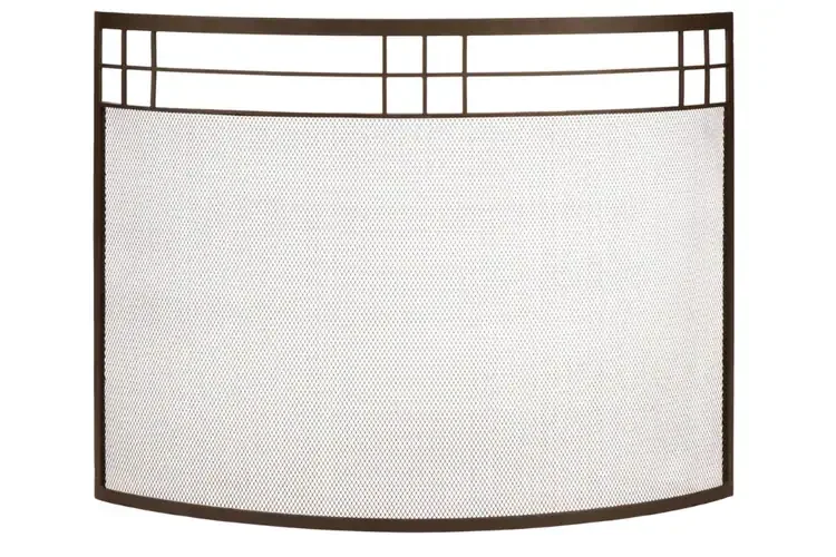 Arts & Crafts Curved Fireplace Screen with 4-Tool Set – Roman Bronze Finish Made of Wrought Iron