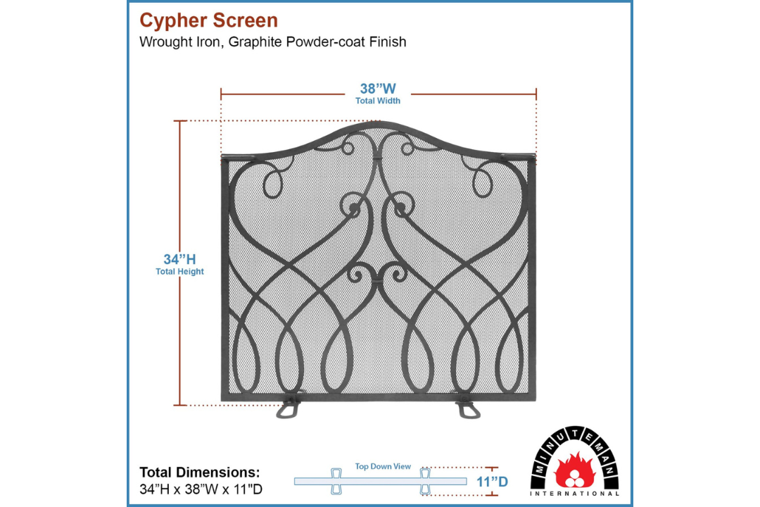 Cypher Flat Fireplace Screen – Wrought Iron with Decorative Monogram Design in Graphite Specifications