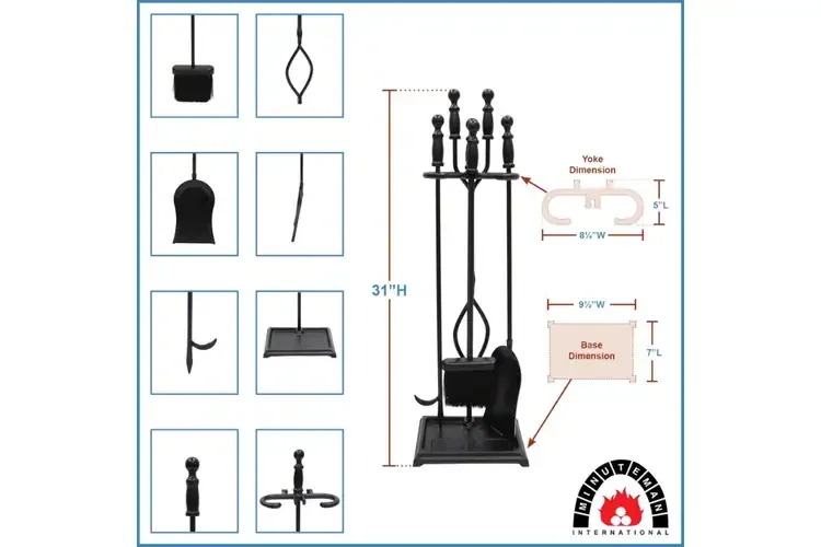 Westminster Fireplace Tool Set in All Black – Cast Iron 4-Piece Hearth Tool Kit Specifications