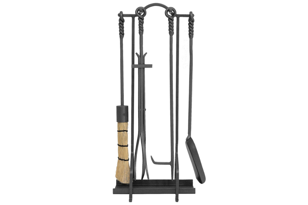 Salem Inline Fireplace Tool Set with Ash Pan and Twisted Rope Handles Space Saving