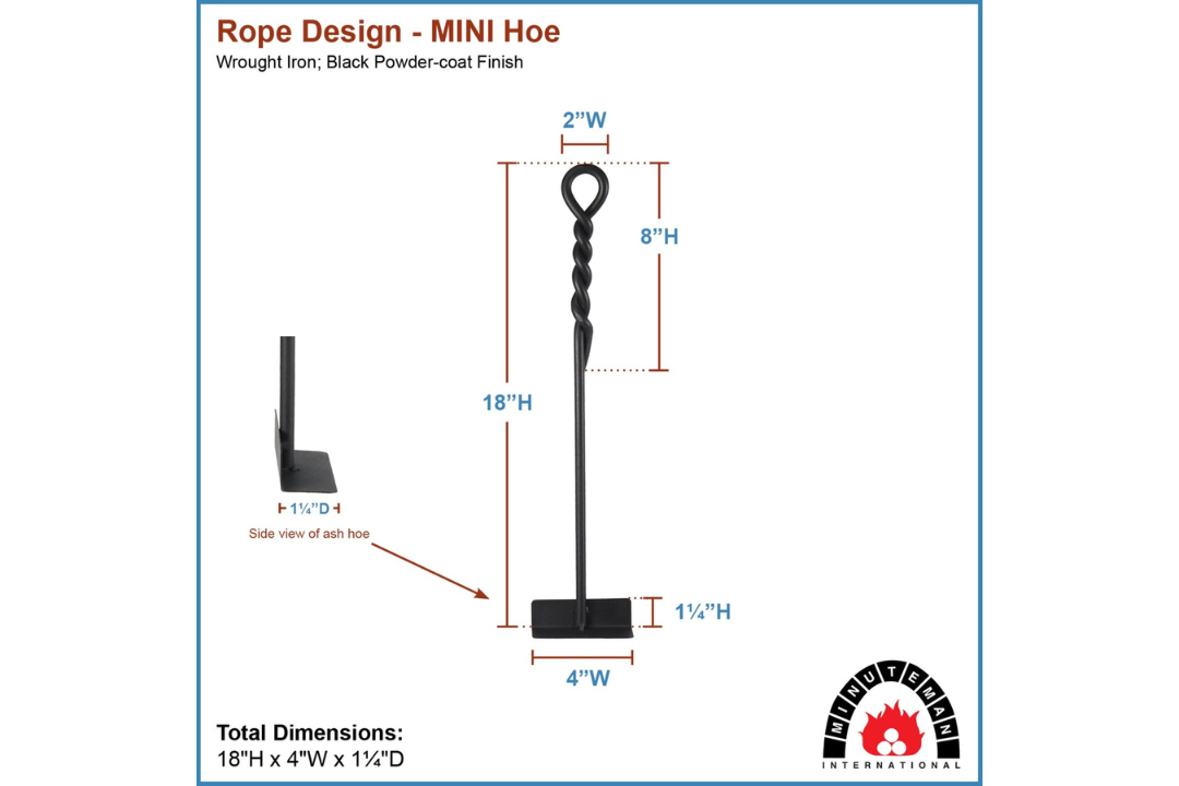 Rope Handle Mini Hoe Fireplace Tools – Wrought Iron, Black Finish Specifications