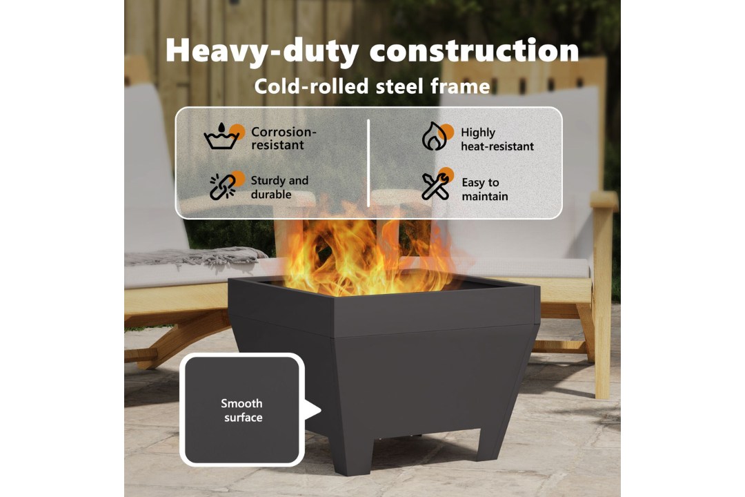 Heavy-Duty Square Fire Pit 50 x 50 x 38 cm in Black Cold-Rolled Steel