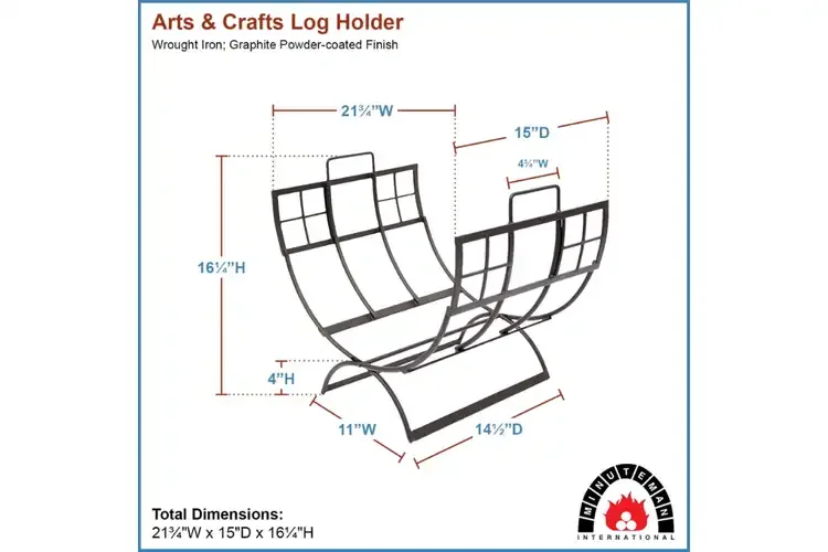 Arts & Crafts Log Holder with Suede Carrier – Folding Wrought Iron Rack Specifications