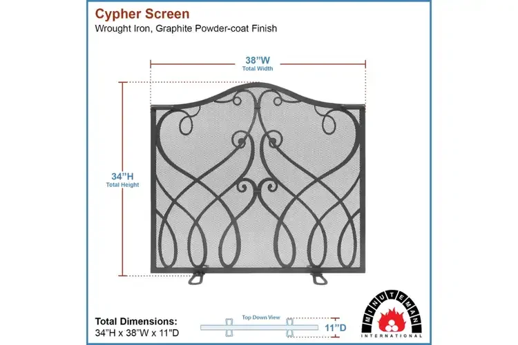 Cypher Flat Fireplace Screen – Wrought Iron with Decorative Monogram Design in Graphite Specifications