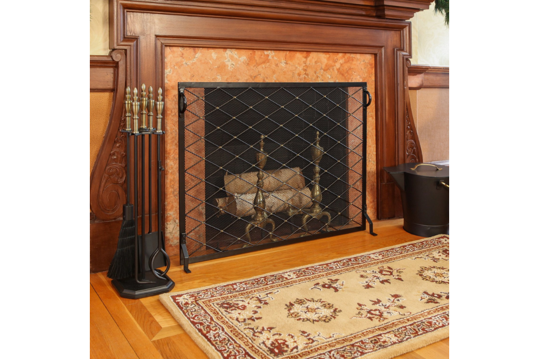 Harlequin Flat Fireplace Screen – Black Wrought Iron with Brass Accents