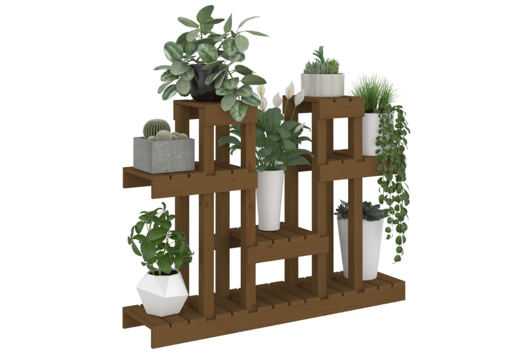 Stable Plant Stand Multi-Tier Shelf for Indoor & Outdoor Plants 104.5x25x77.5 cm Made of Solid Wood Pine in Honey Brown