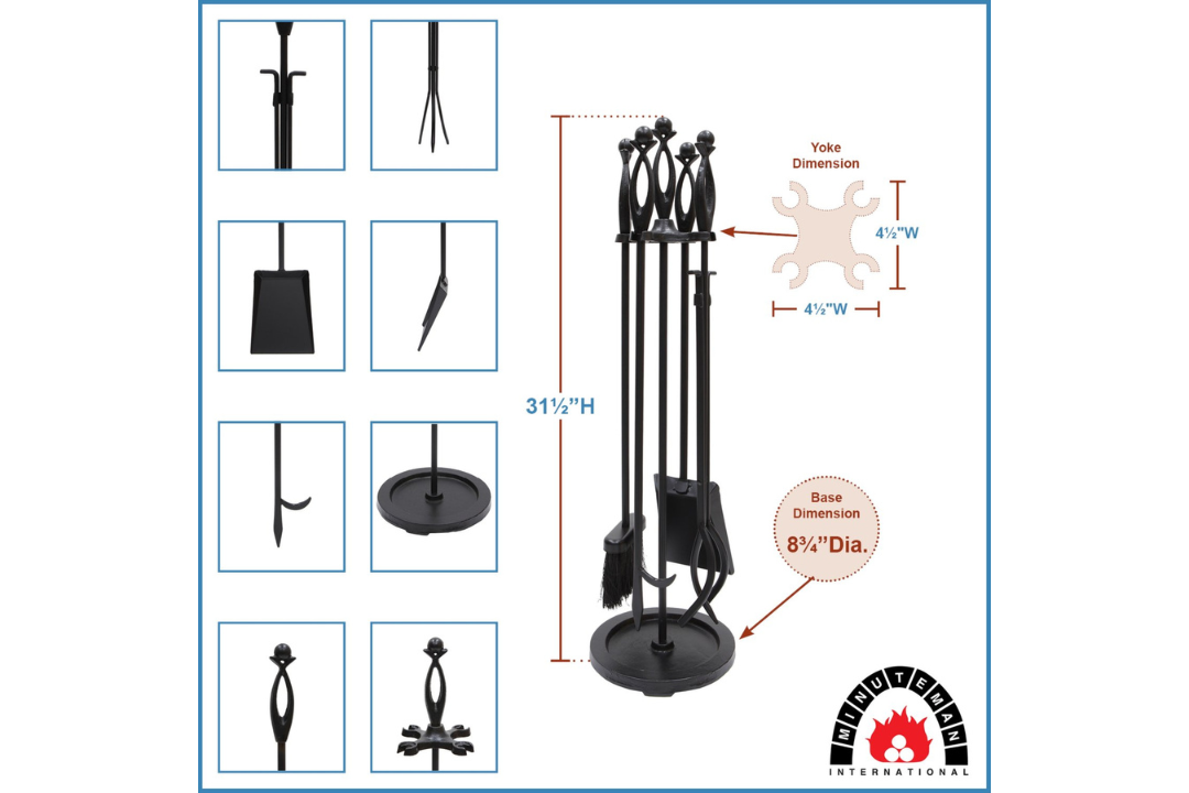 Lincoln 4-Piece Black Cast Iron Fireplace Tool Set with Radial Stand – 31” Specifications